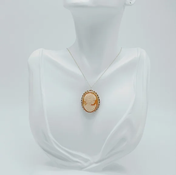 Vintage 14k Carved Shell Cameo Brooch Pendant Necklace - Picture 2 of 9